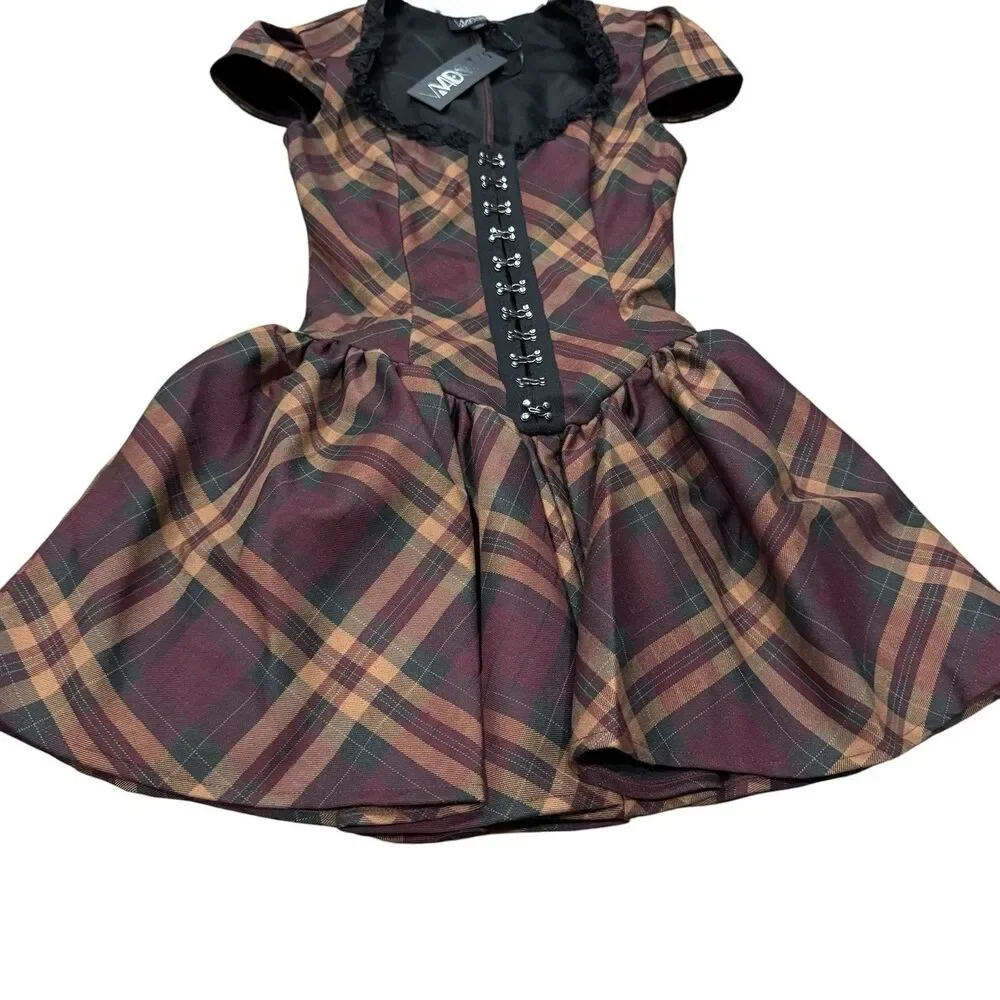 Widow Corset Mini Dress XXS Burgundy Plaid Hook & Eye Goth Punk Alt NWT - Picture 10 of 13